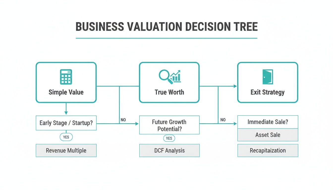 A flowchart detailing a business valuation decision tree, covering simple value, true worth, and exit strategy.