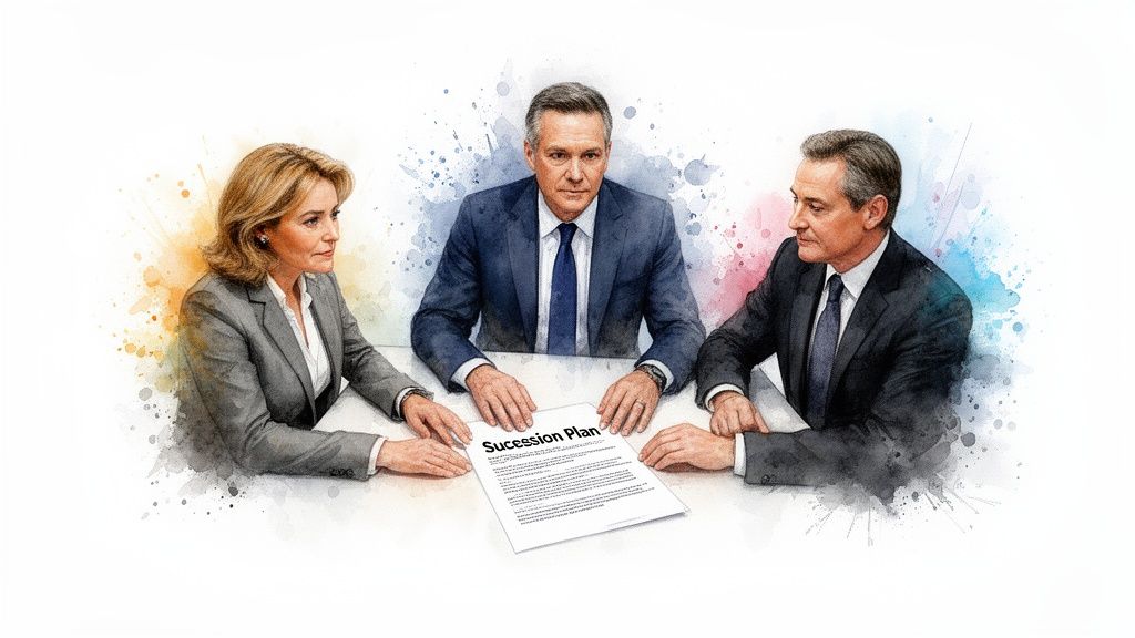 Three business executives discussing a succession plan document in a meeting, depicted in a watercolor style.