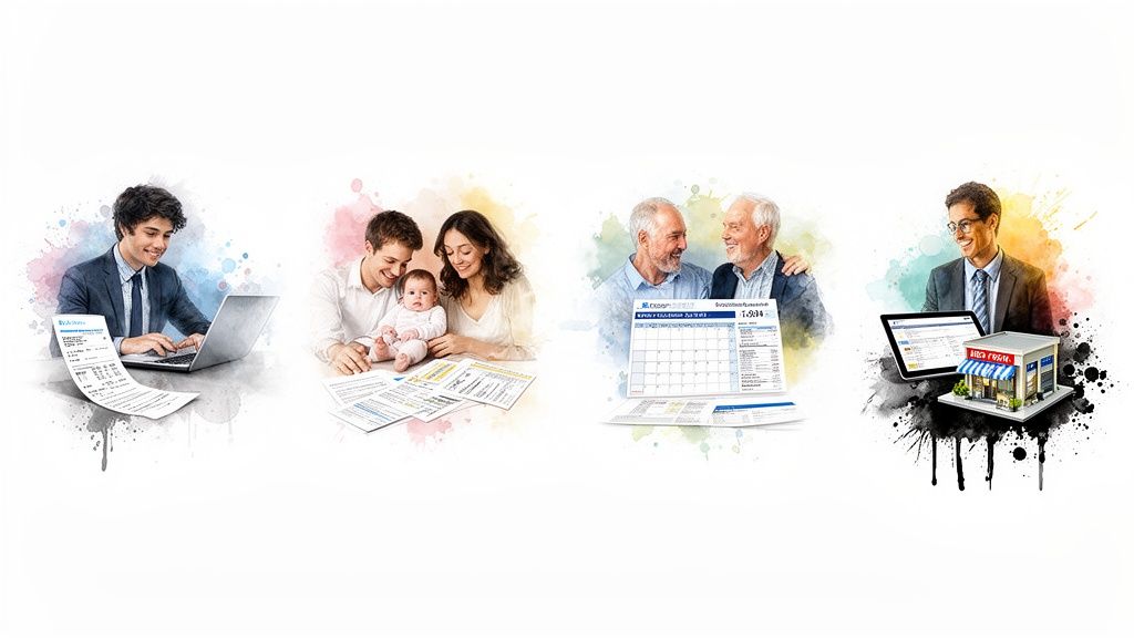 Diverse people engaging in tax and financial planning activities across different life stages and business.