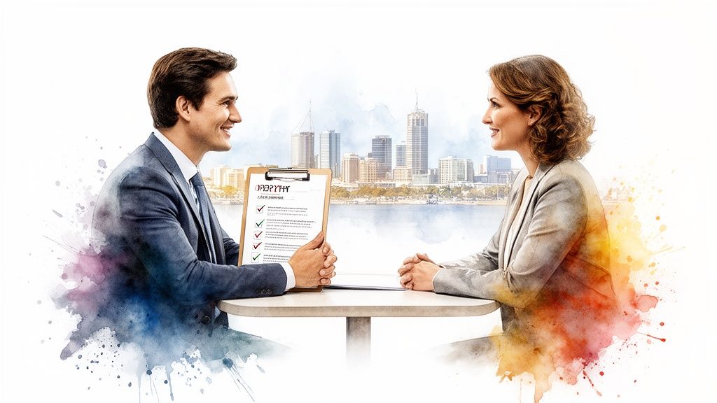 Two professionals smiling, discussing a checklist on a clipboard, with a city skyline backdrop.