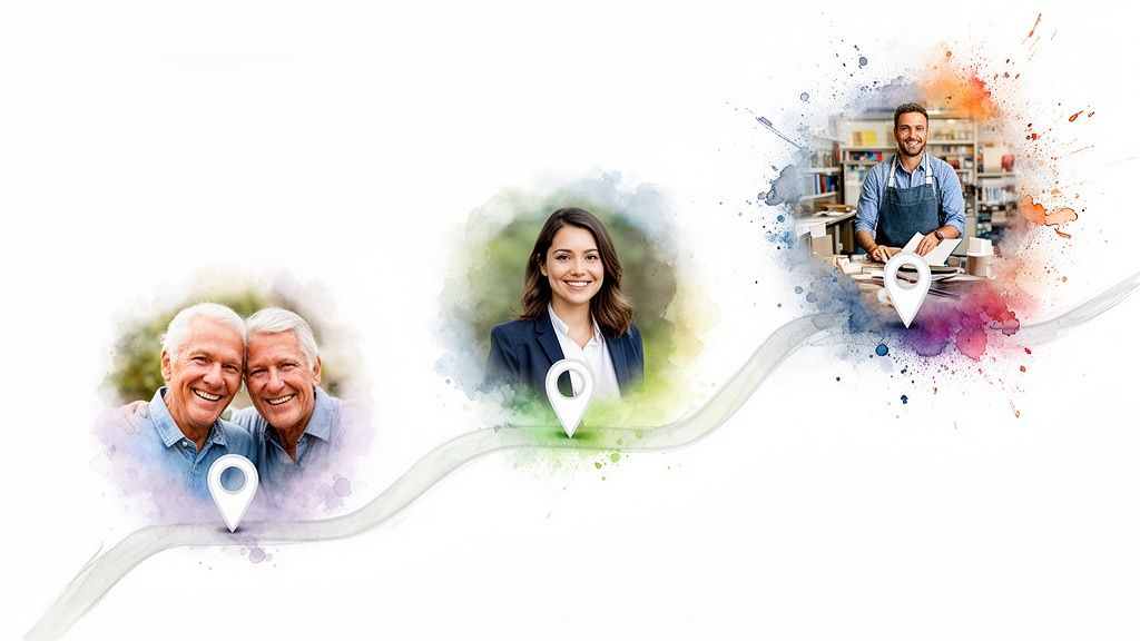 Timeline of life stages with elderly men, a businesswoman, and a shop owner, marked by location pins.