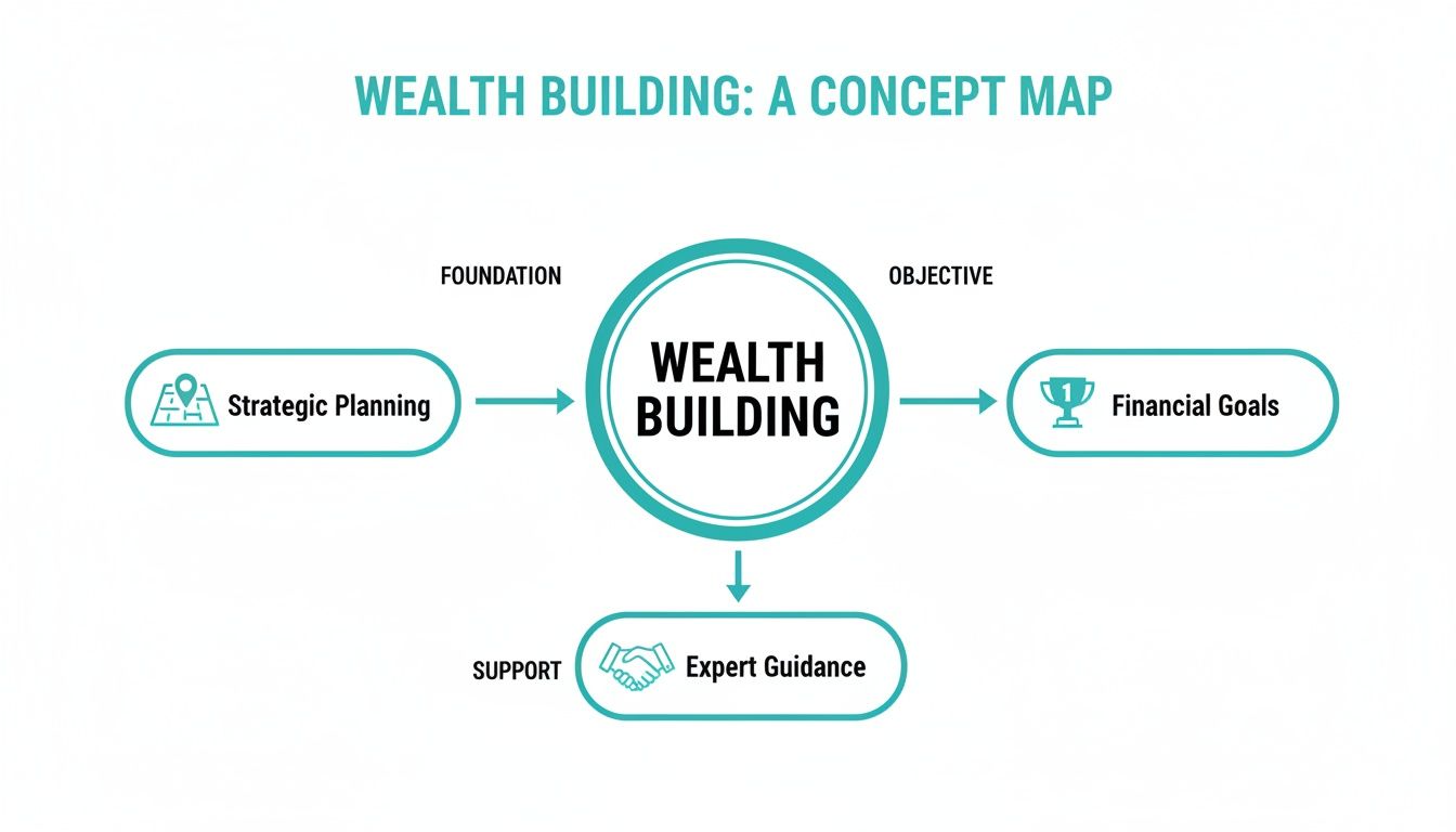 A concept map showing wealth building with strategic planning as foundation, financial goals as objective, and expert guidance as support.