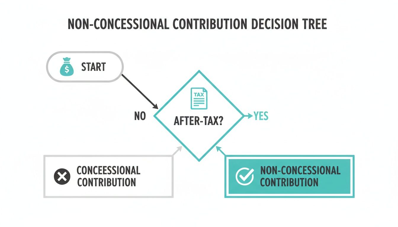 A flowchart illustrating the non-concessional contribution decision tree, starting with an after-tax question.