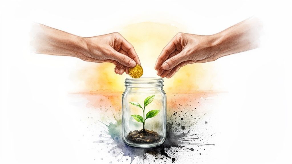 Two hands placing a gold coin into a glass jar with a small green plant, symbolizing investment and growth.