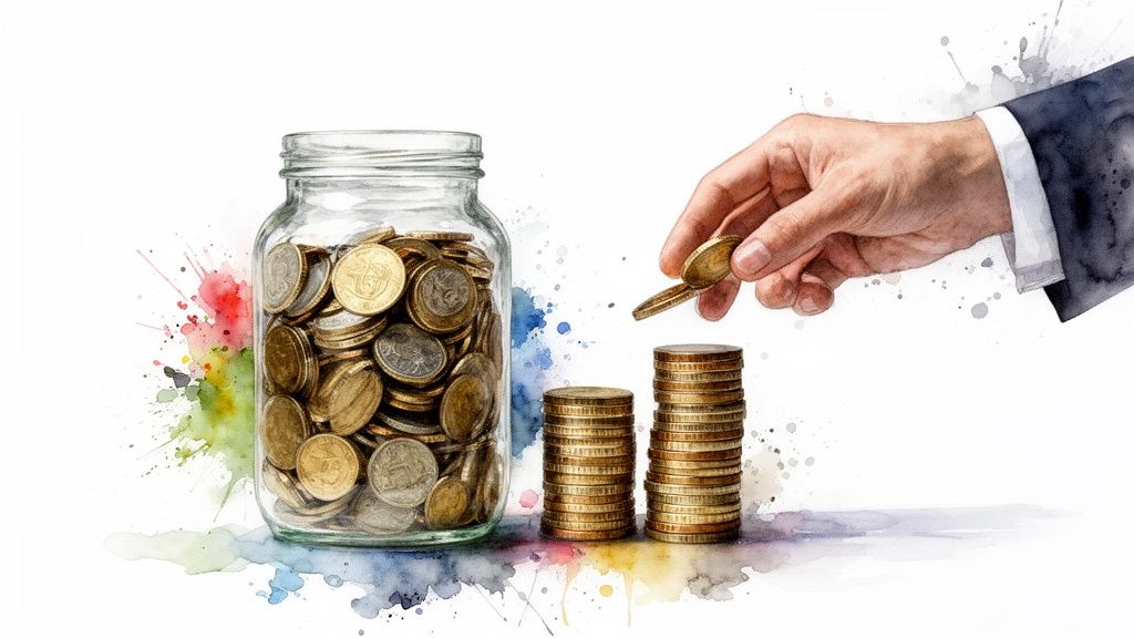 A hand placing a gold coin onto a stack next to a full coin jar, illustrating savings.