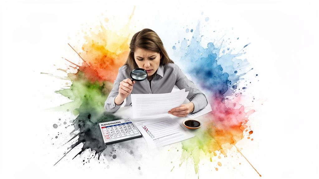 Focused woman using a magnifying glass to review documents on a desk with watercolor background.