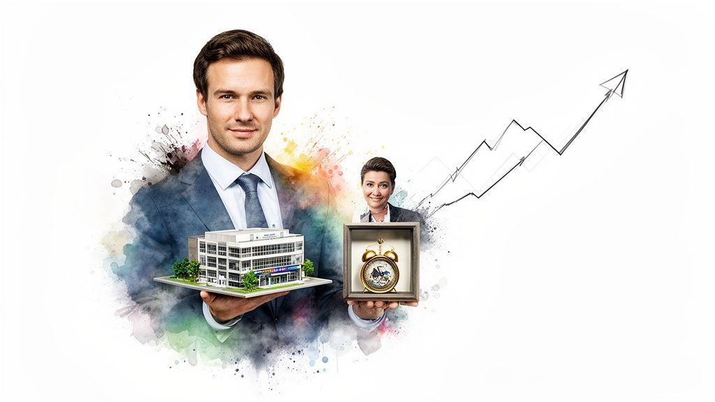 Businessman holding a model building and businesswoman holding a clock, with an upward growth chart.