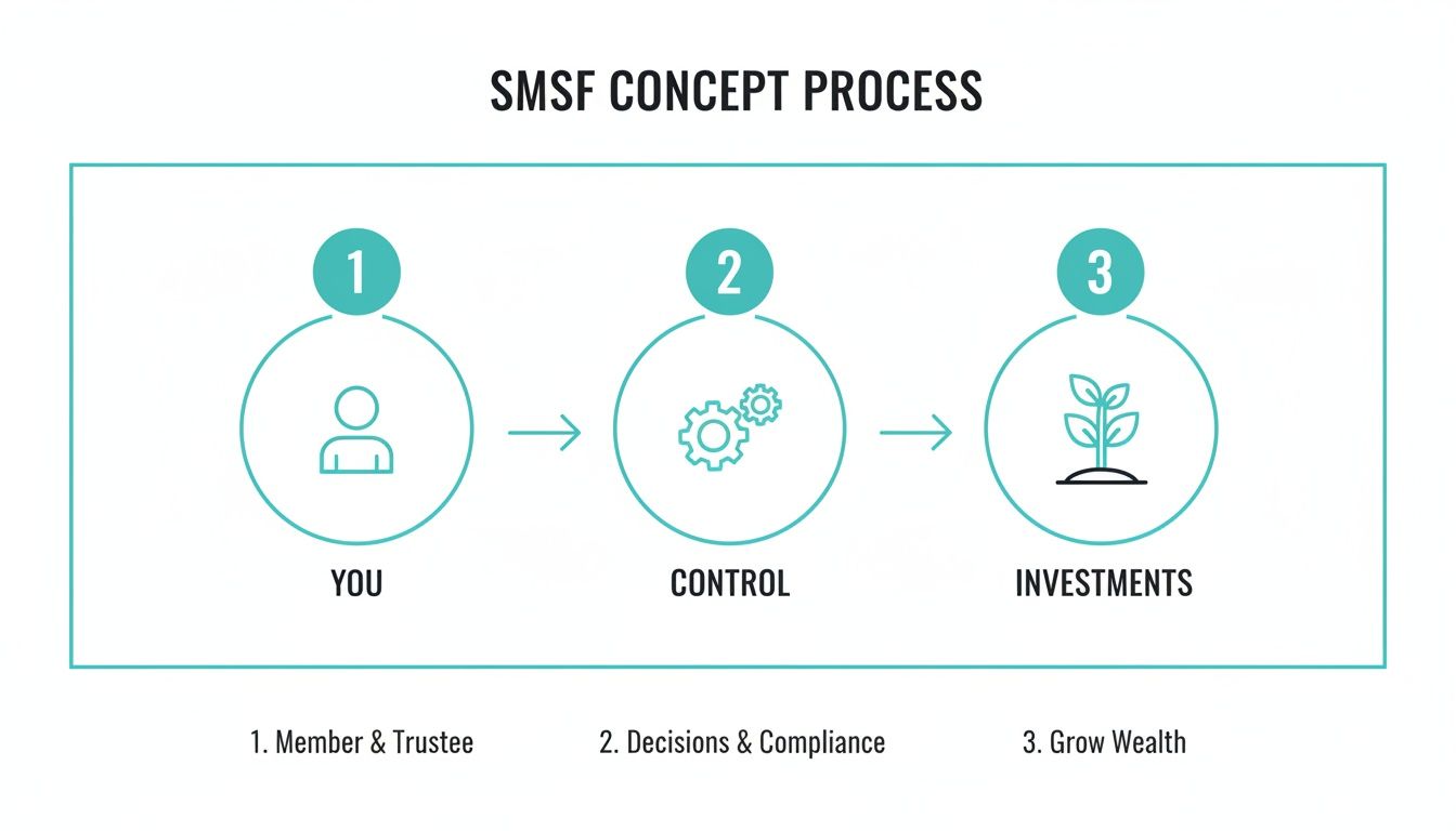 A diagram illustrates the SMSF concept process with three steps: You, Control, and Investments.