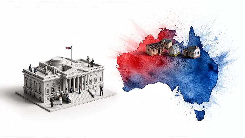 A miniature government building and people next to a red and blue watercolor map of Australia with houses.