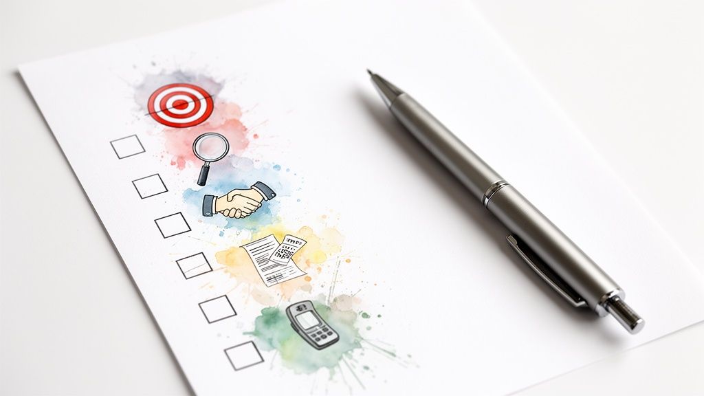 A checklist on white paper with watercolor illustrations of a target, magnifying glass, handshake, documents, and a pen.