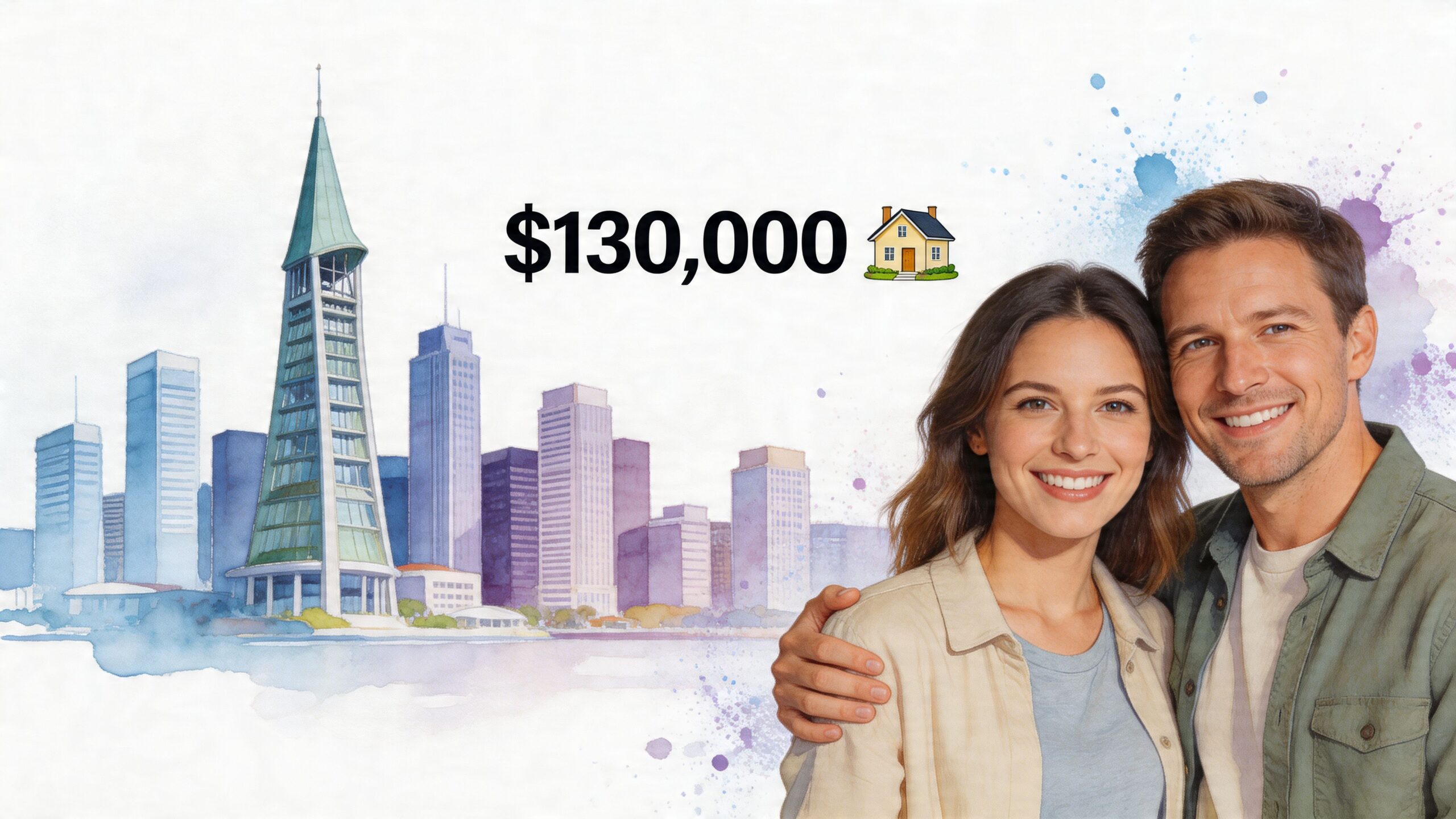 A happy couple standing in front of a watercolor city skyline, representing home savings and financial goals.