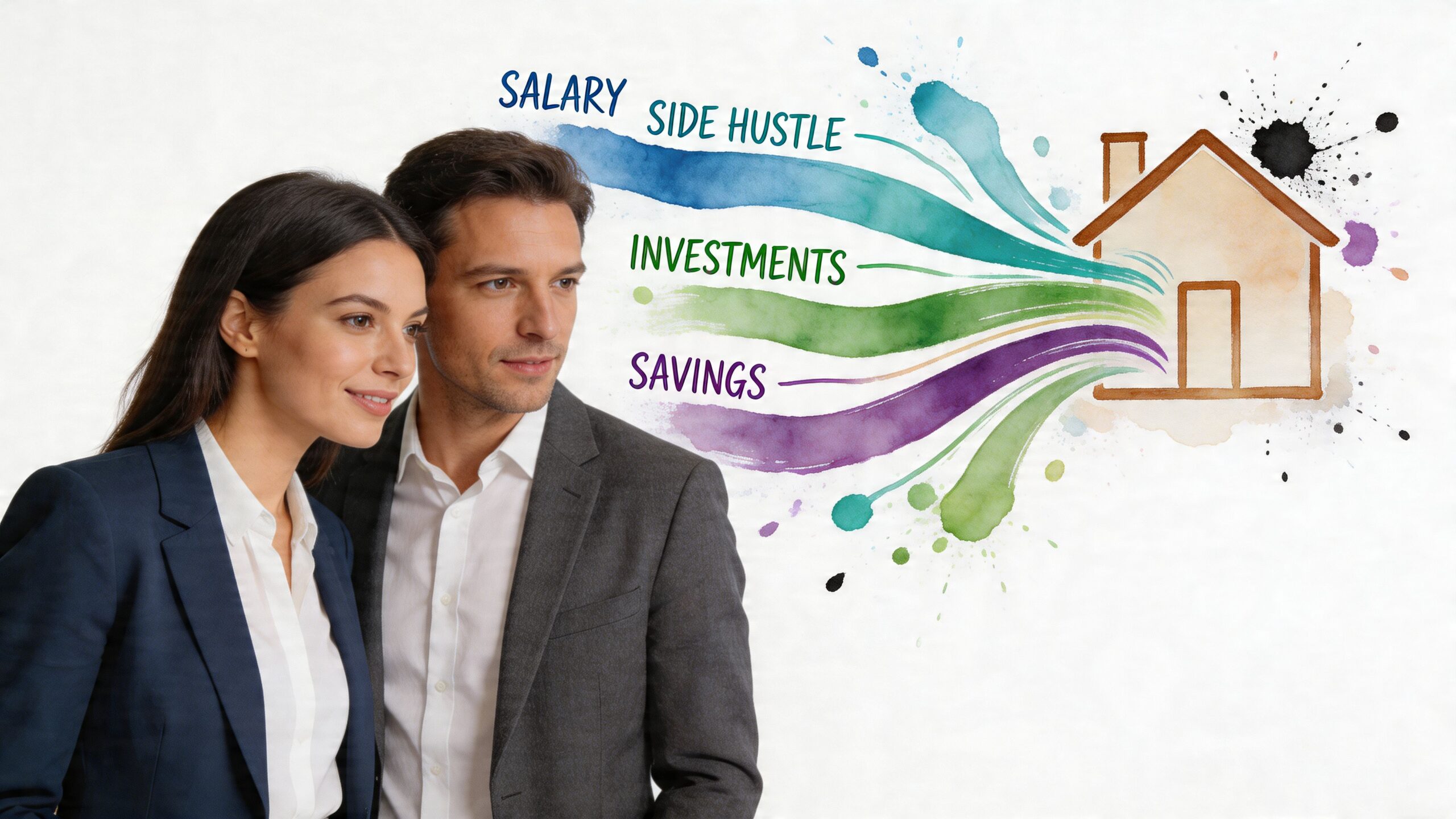 A professional couple looking at a house illustration showing income sources for saving money.