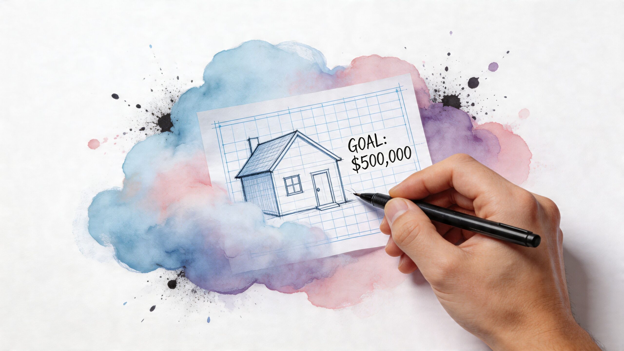 A hand drawing a house sketch with a goal of five hundred thousand dollars on grid paper.