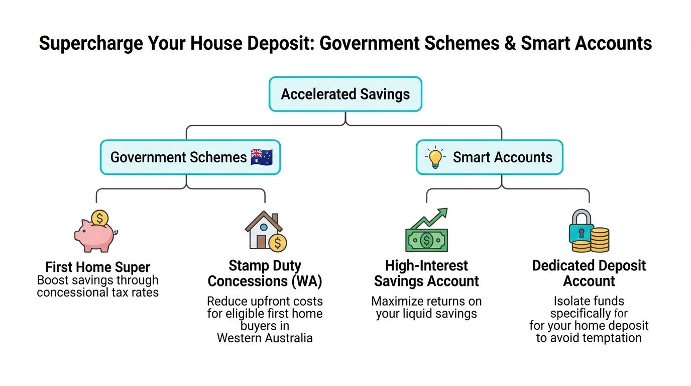 A diagram outlining methods to accelerate home deposit savings through government schemes and smart financial accounts.