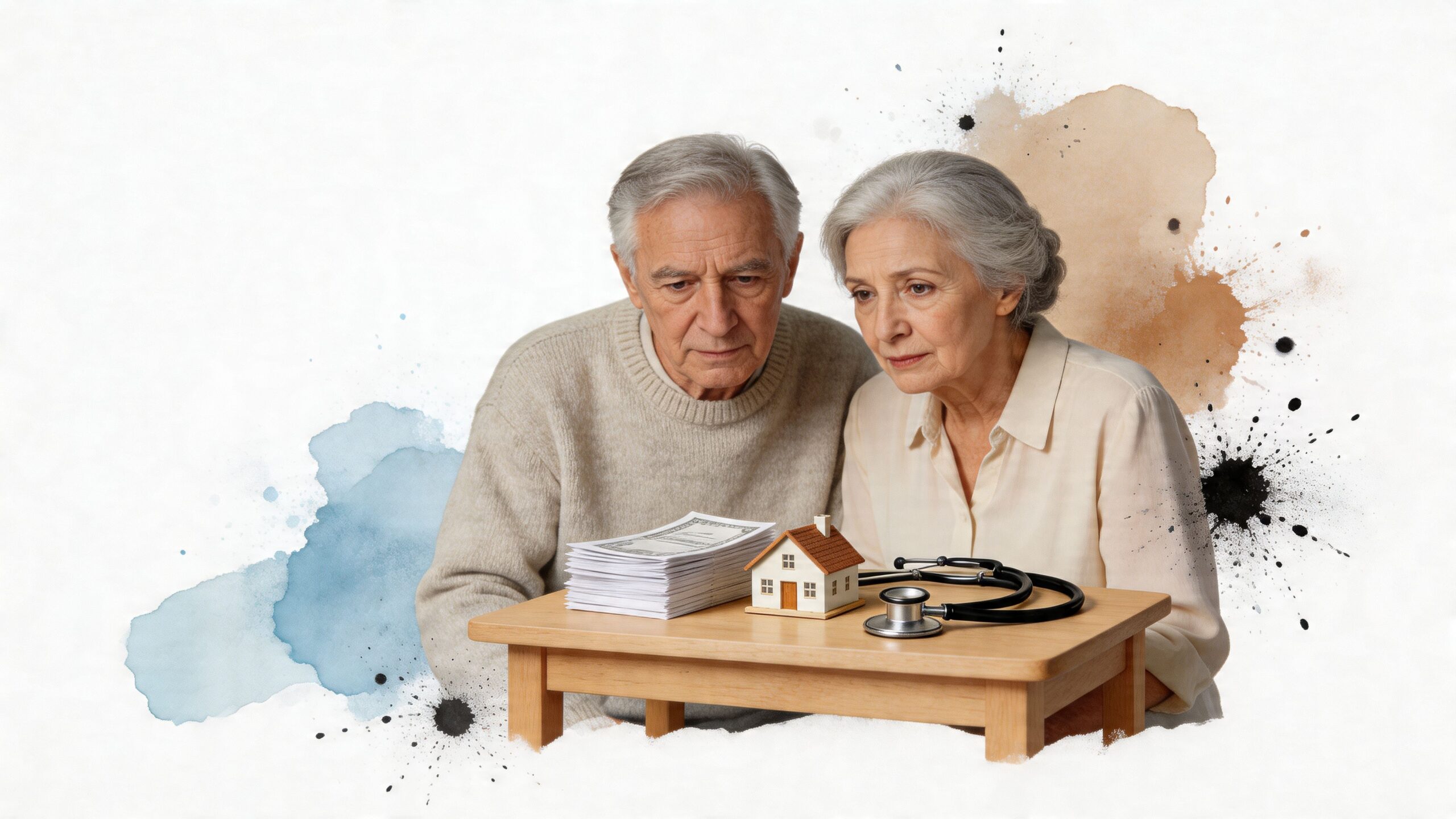 An elderly couple sits together at a small table looking concerned at money, a house model, and a stethoscope.