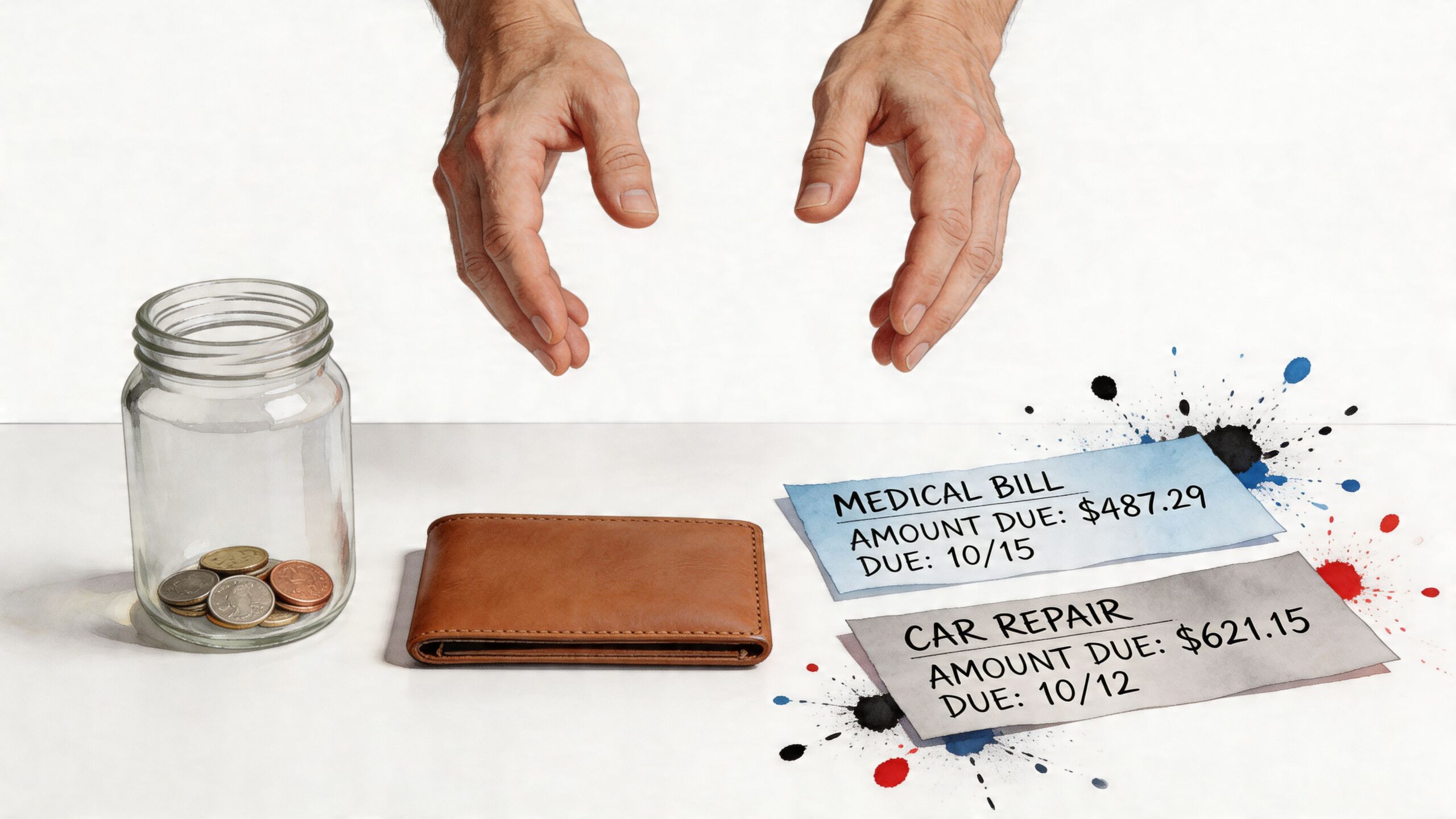 A person looks at a medical bill and car repair invoice beside an empty money jar and wallet.