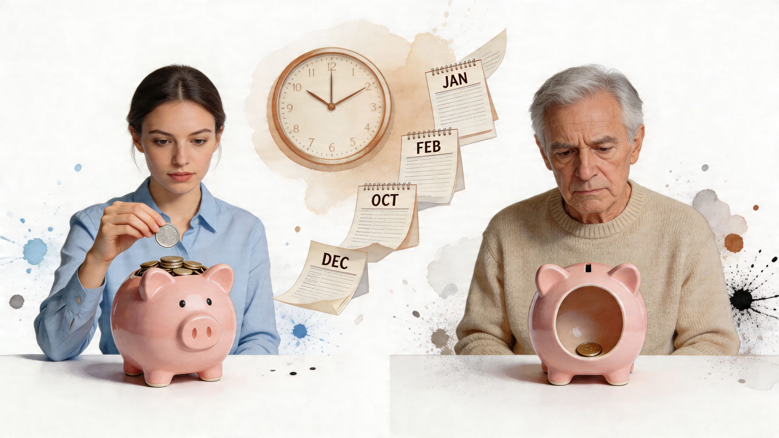 A young woman saves money in a piggy bank while an elderly man looks at an empty one.