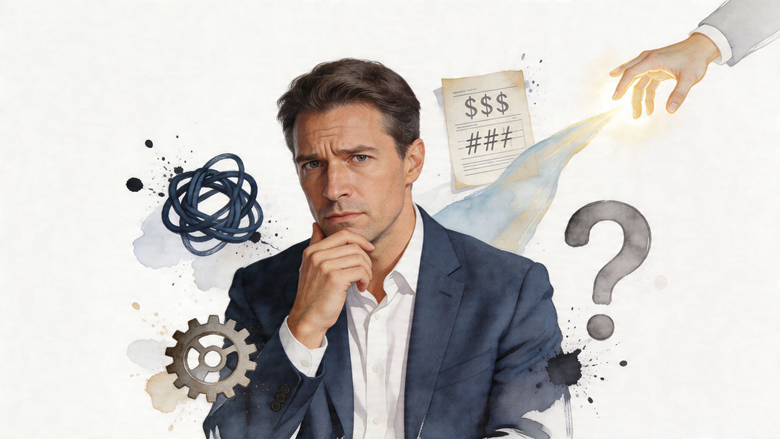 A pensive businessman in a suit surrounded by abstract conceptual icons representing financial challenges and strategic business decisions.