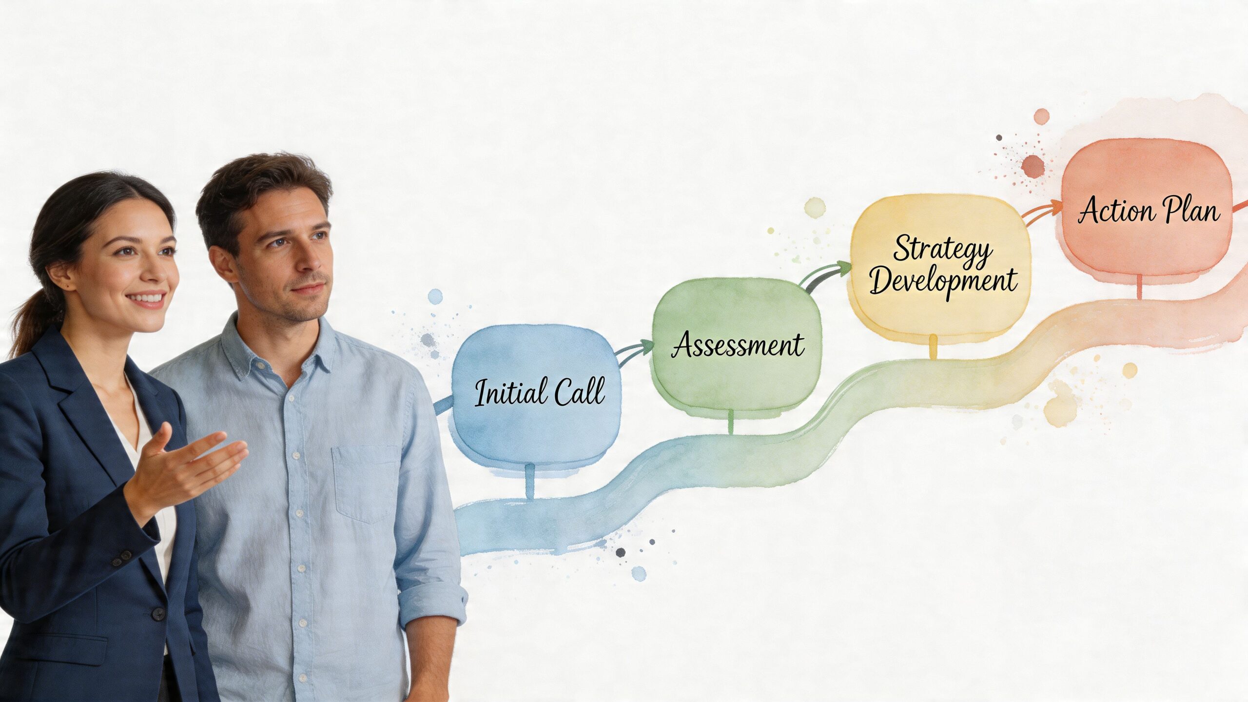 A businesswoman and a businessman looking at a watercolor process graphic about business advisory steps.