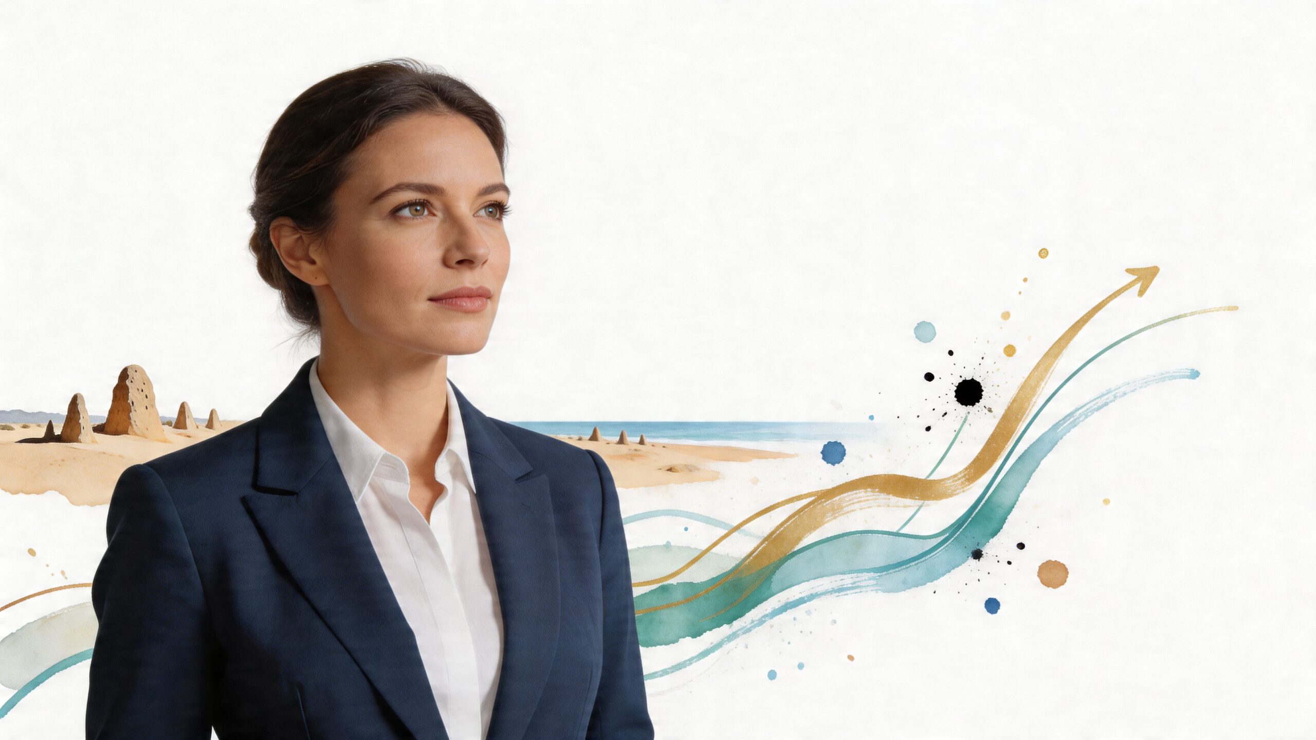 A professional woman in a business suit stands against a conceptual background with desert imagery and abstract growth trends.