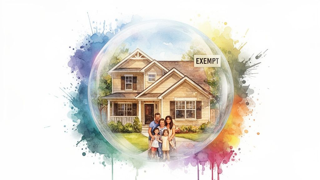 A watercolor illustration of a family standing in front of a house inside a transparent glass bubble.