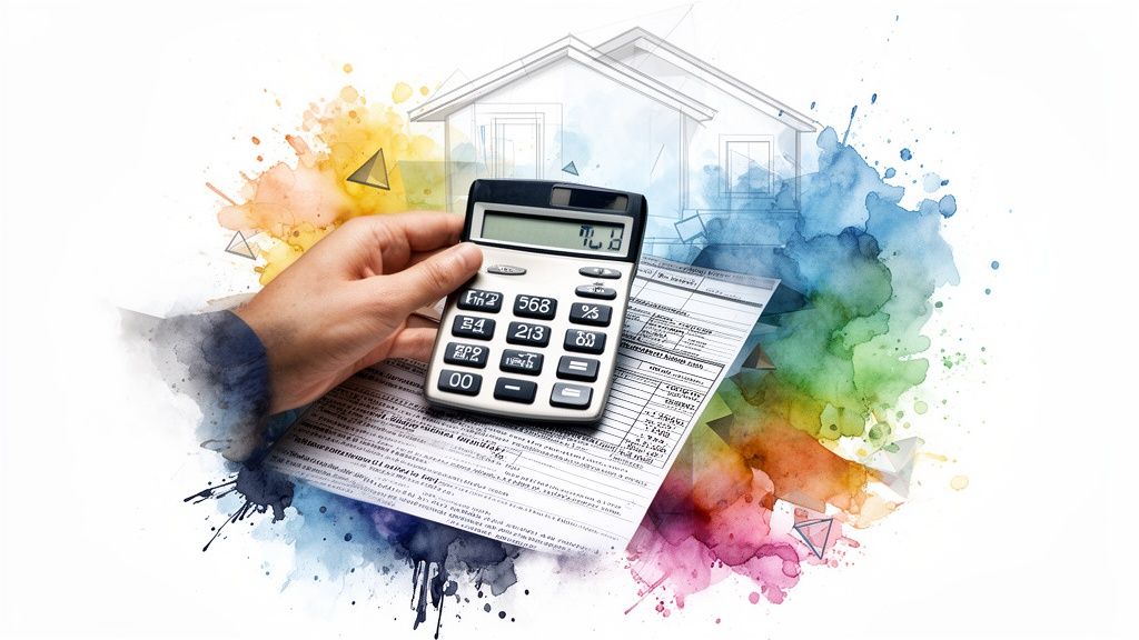 A hand holding a calculator over a financial document with a house sketch and watercolor background.