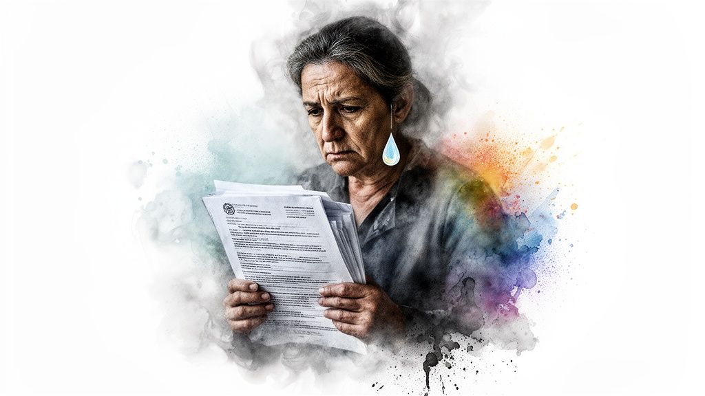 A distressed woman holding legal documents with a symbolic tear drop earring, representing grief and estate concerns.