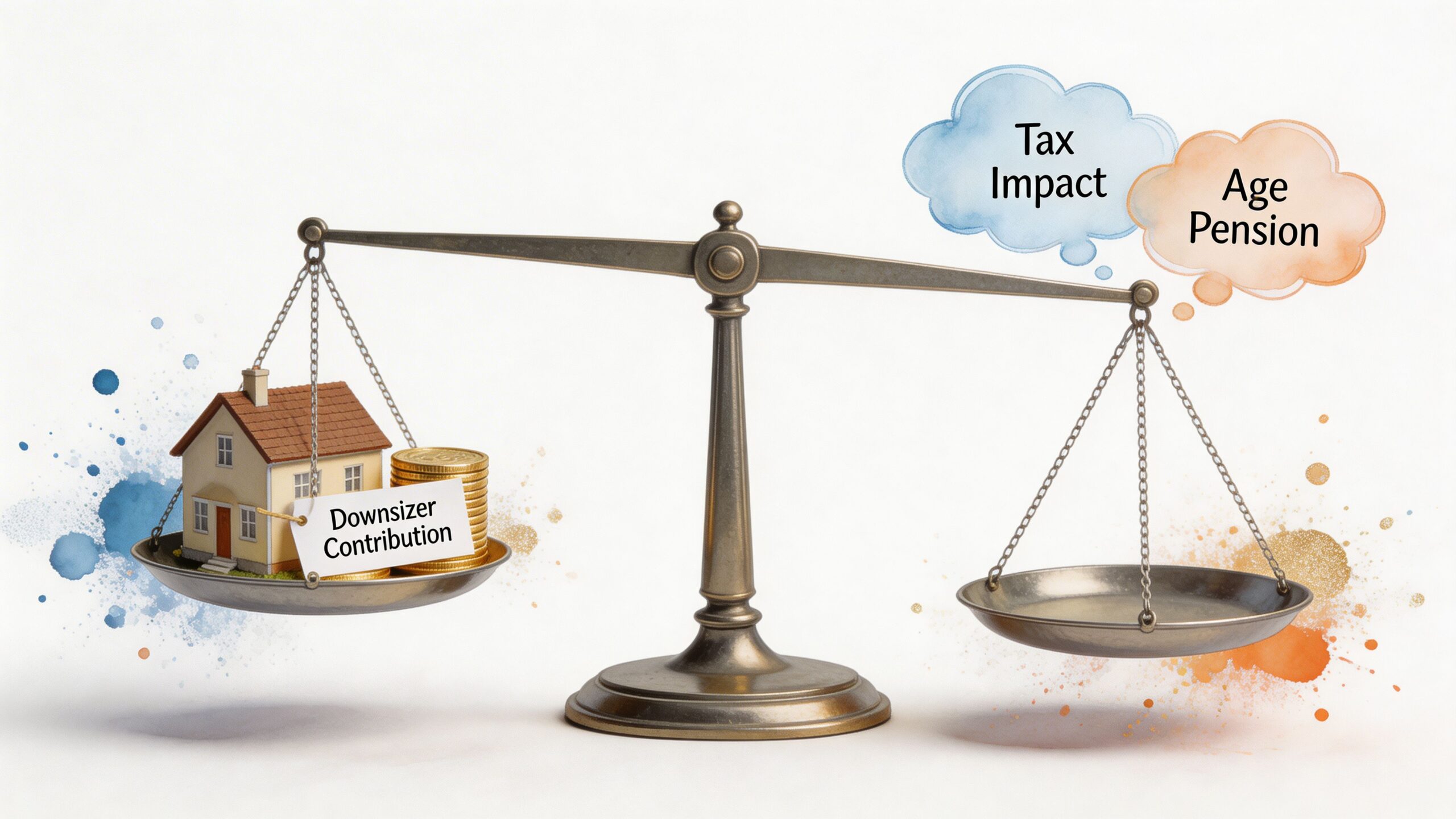 A conceptual scale balancing a house and gold coins against tax impact and age pension considerations.