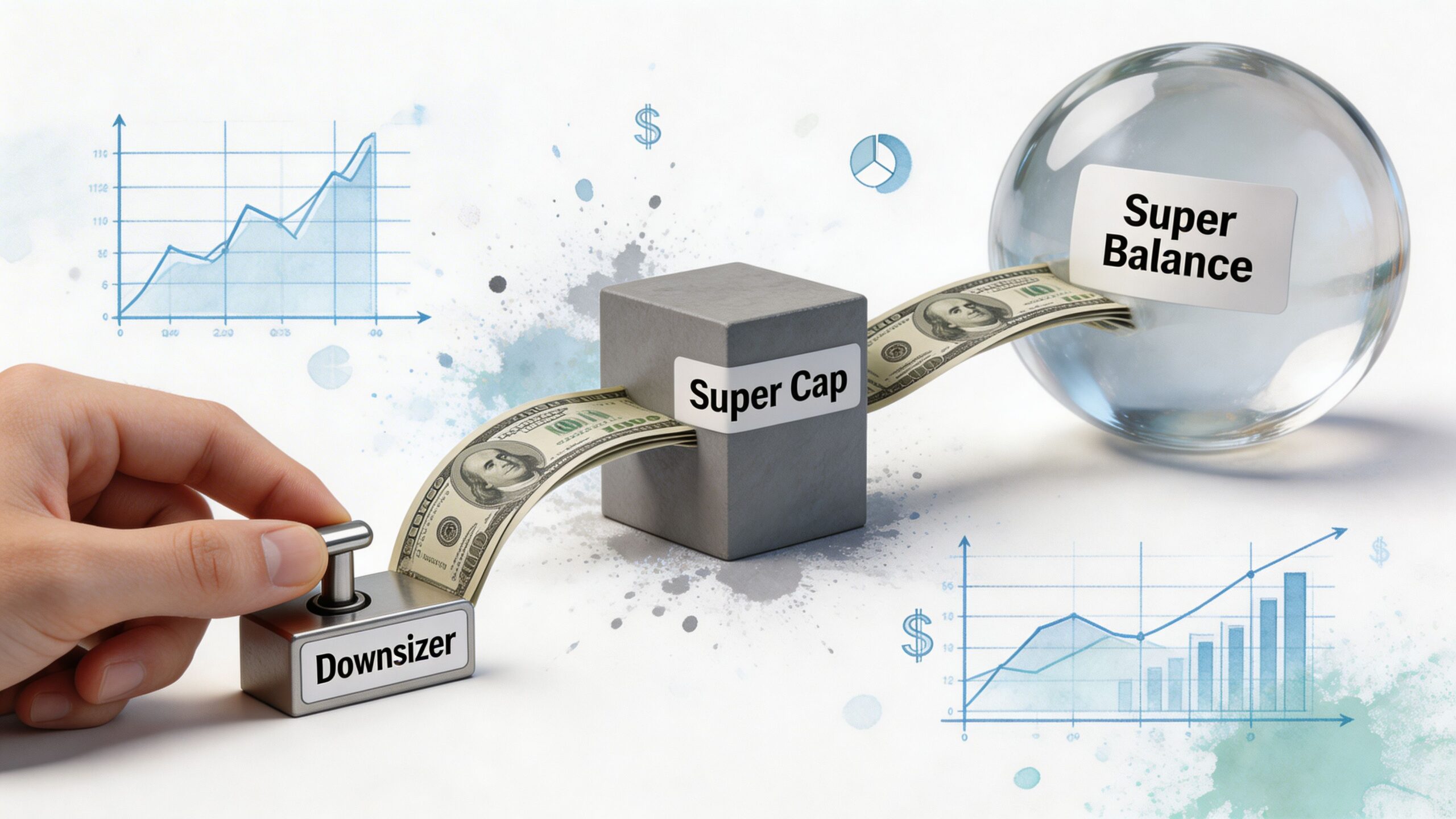 A hand pushing a button labeled Downsizer, transferring money through a Super Cap into a Super Balance.