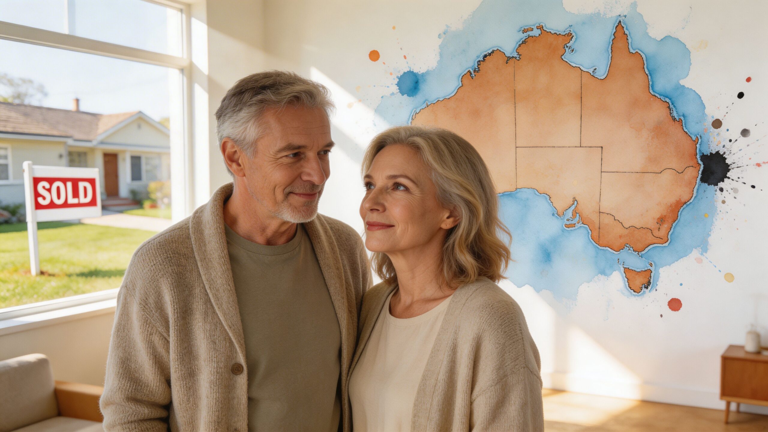 A happy senior couple looking at each other in their new home with an Australia map artwork.