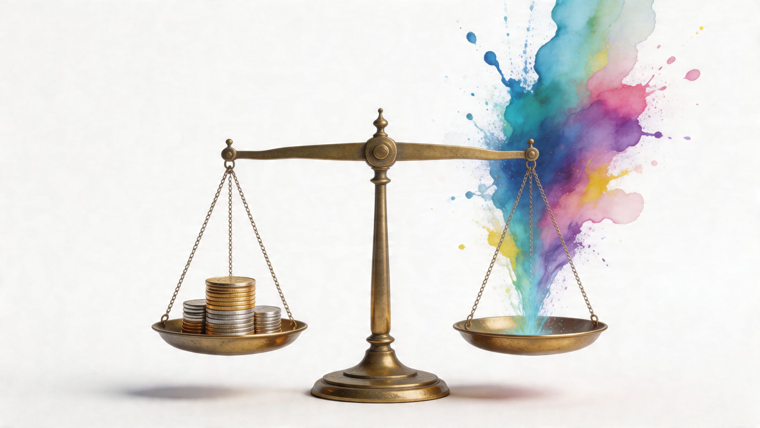 An antique balance scale weighing coins on one side and colorful abstract paint splashes on the other.
