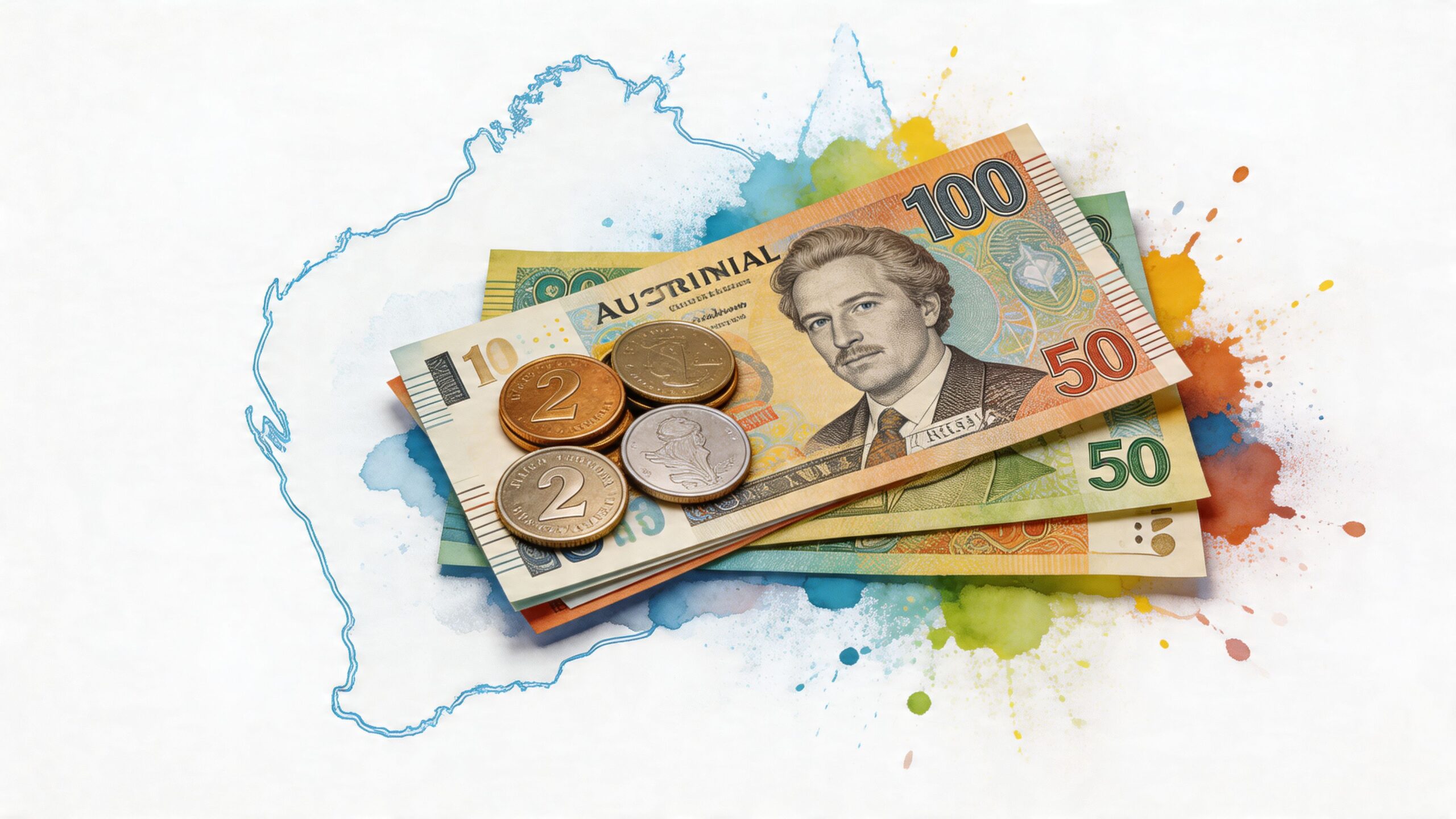 A stack of colorful banknotes and various coins resting on a paper with a map drawing.