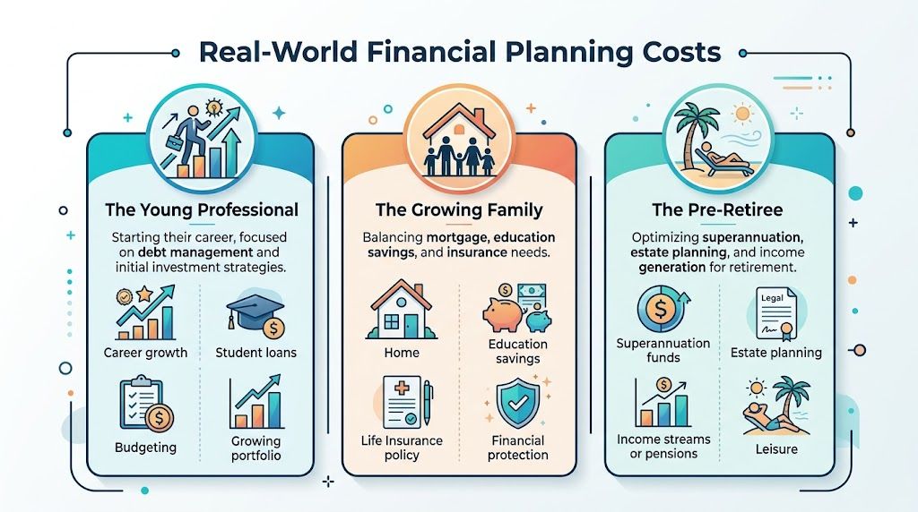 An infographic showing financial planning costs for young professionals, growing families, and pre-retirees with relevant icons.