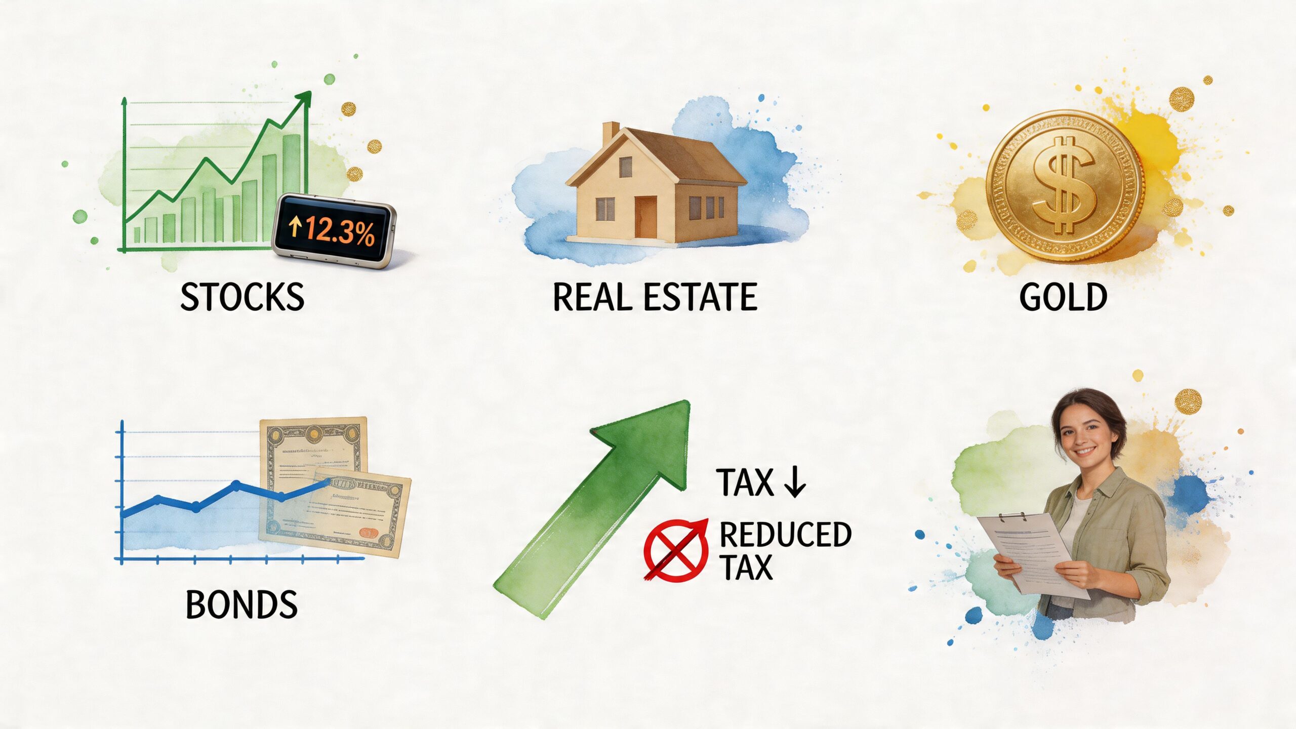 An illustration showing various investment options like stocks, real estate, gold, and bonds, alongside tax reduction concepts.