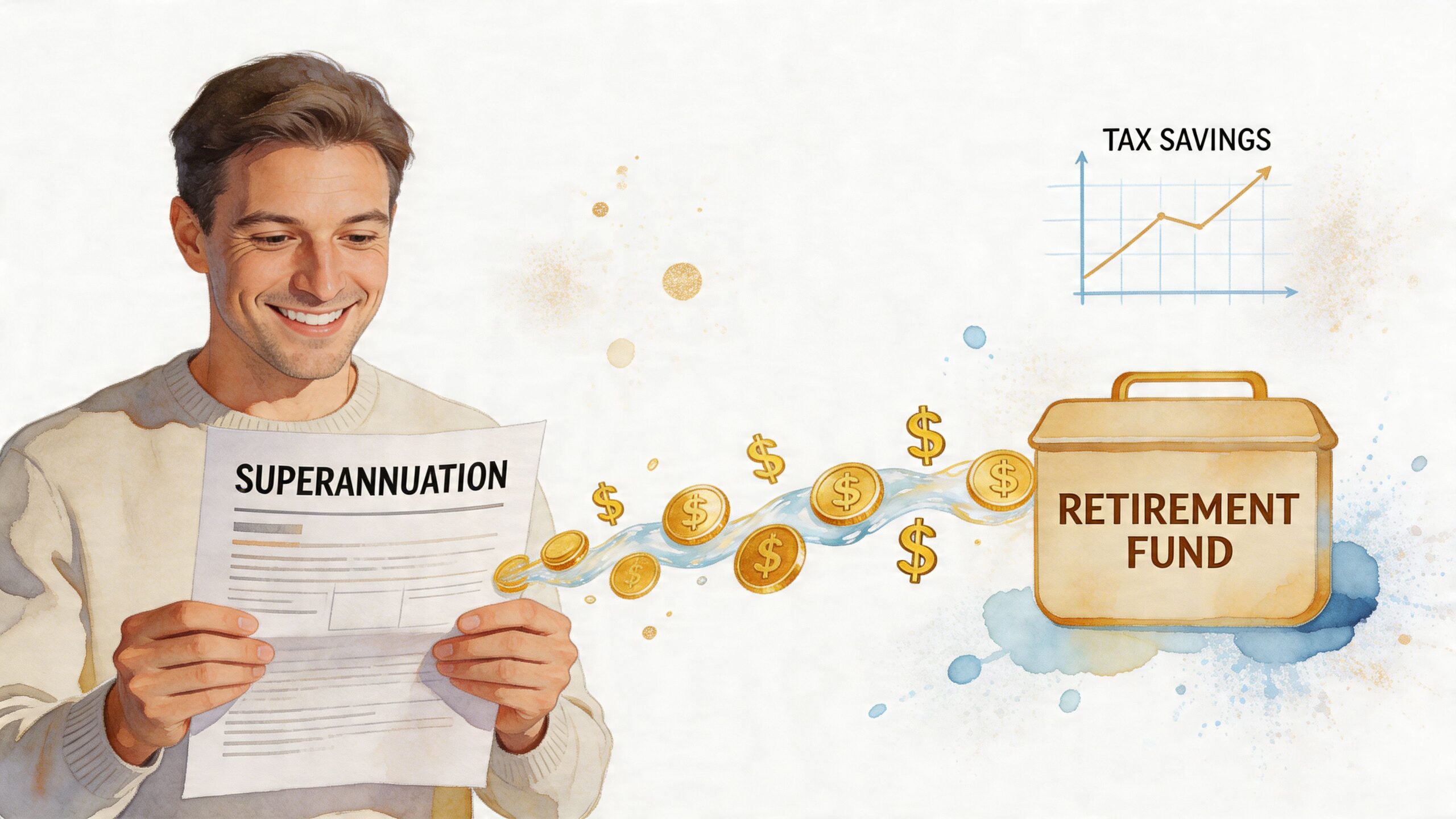 A happy man reviewing his superannuation statement while money flows into his retirement fund, illustrating tax savings.
