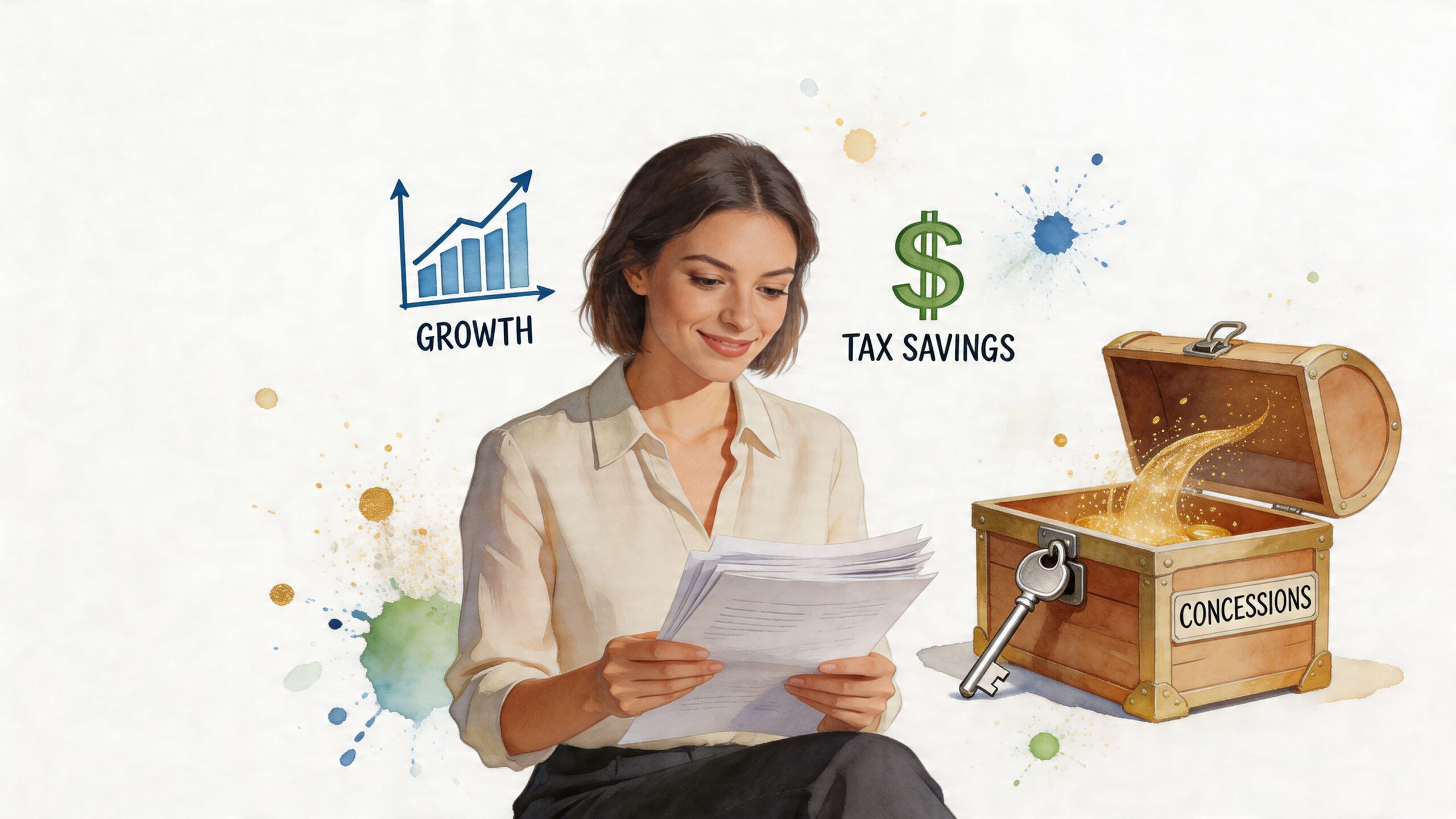 A woman reviewing documents surrounded by icons representing growth, tax savings, and a treasure chest labeled concessions.