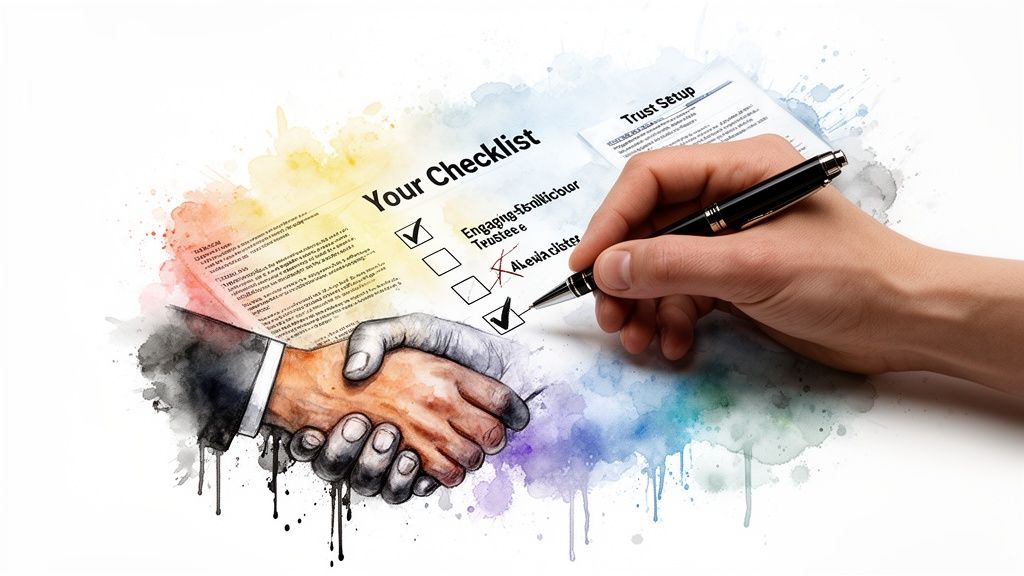 A hand signing a Trust Setup checklist document with a handshake depicted in watercolor art style.