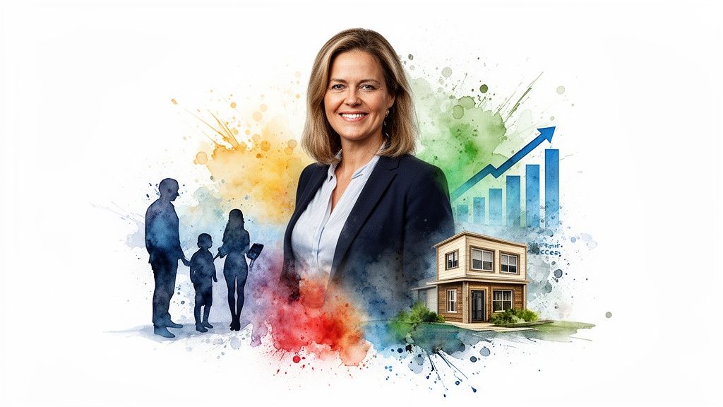 A professional woman standing amidst watercolor illustrations of a family, a house, and an upward trending chart.