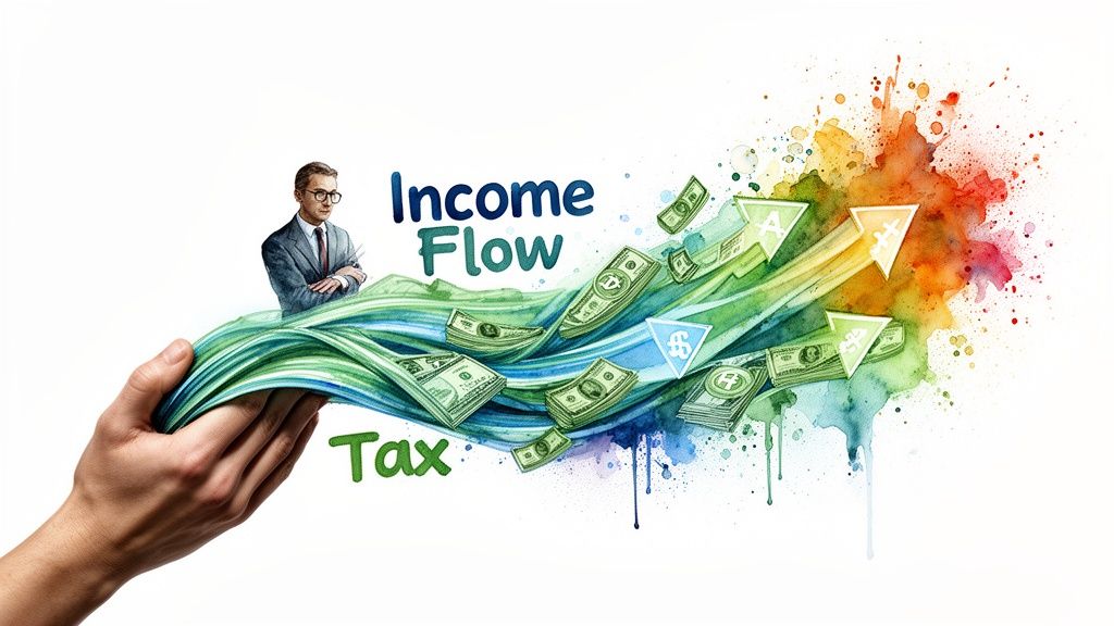 A hand holding a flowing stream of money and abstract icons representing financial tax and income flow.