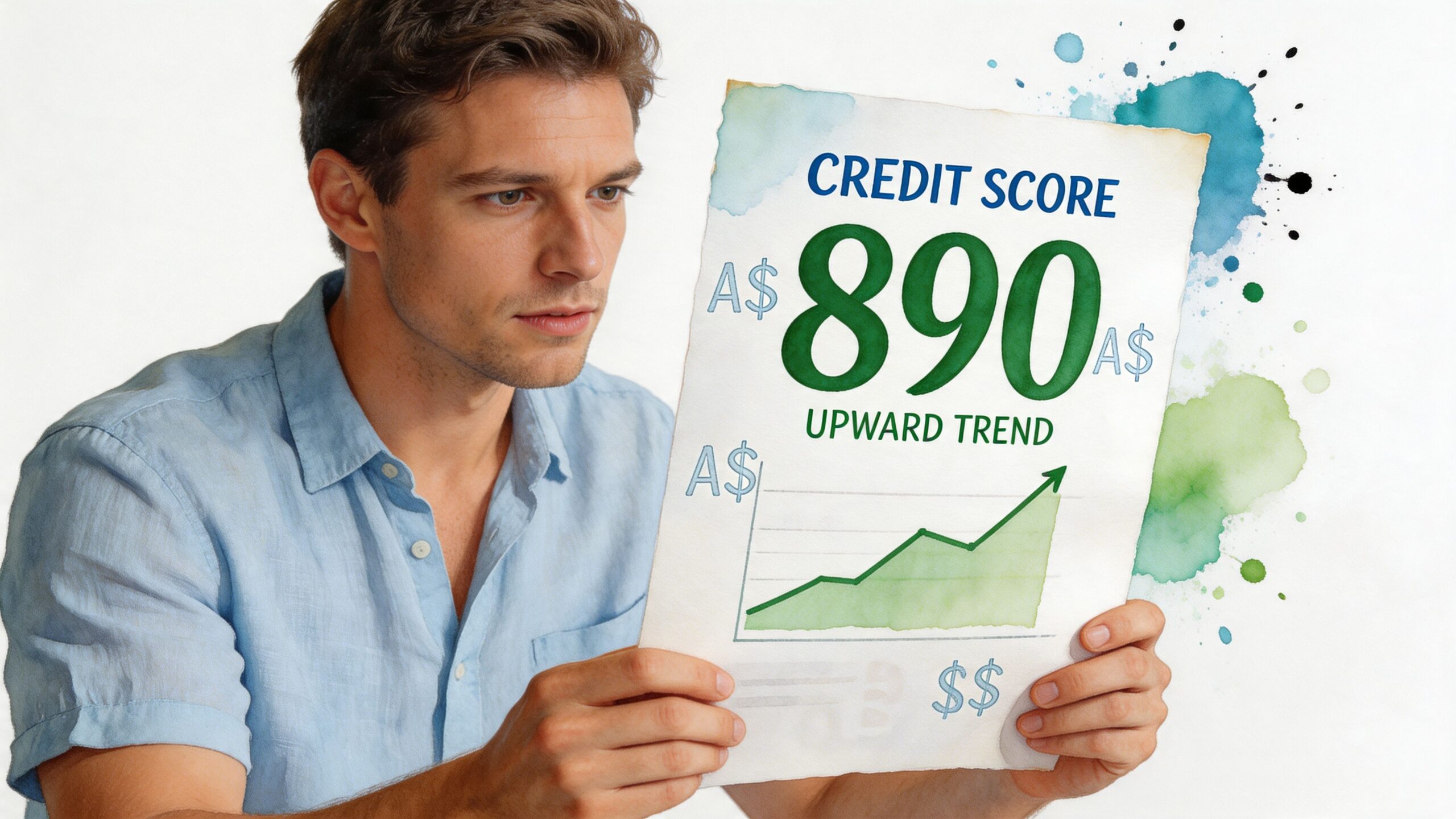 A young man looking at a paper displaying a high Australian credit score with an upward trend.