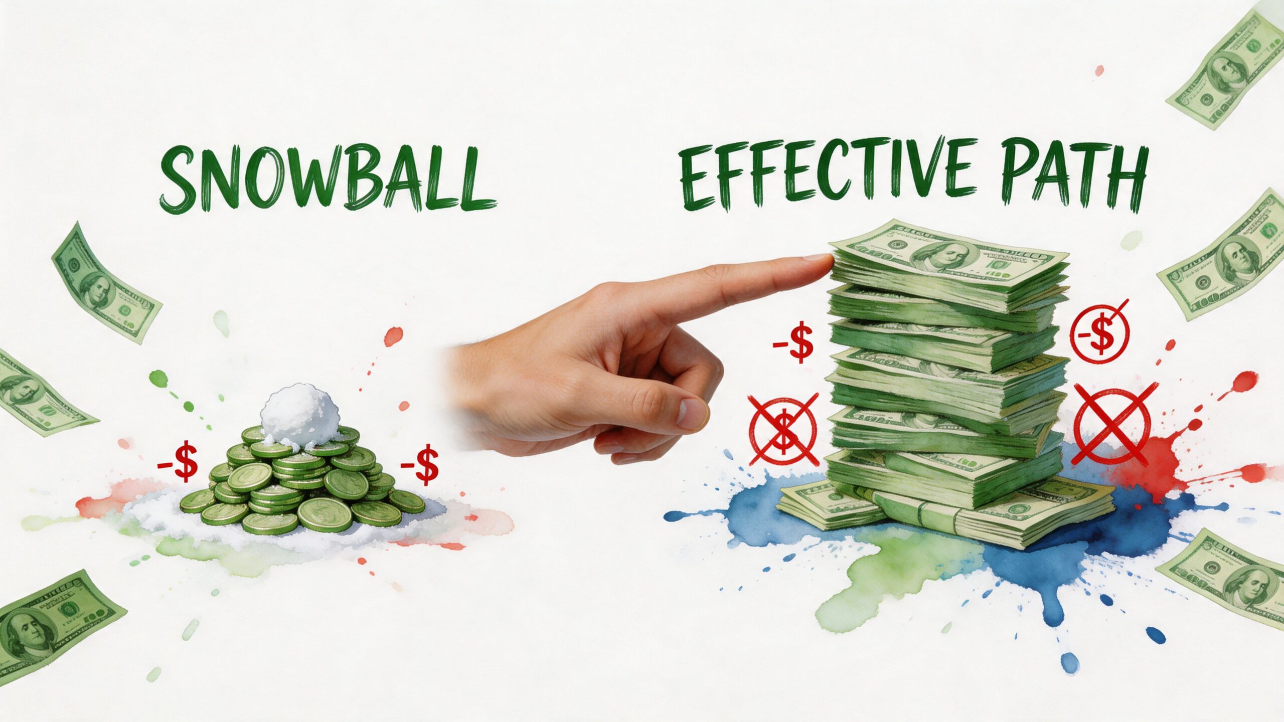 A hand pointing between a small snowball pile of money and a large stack of cash.