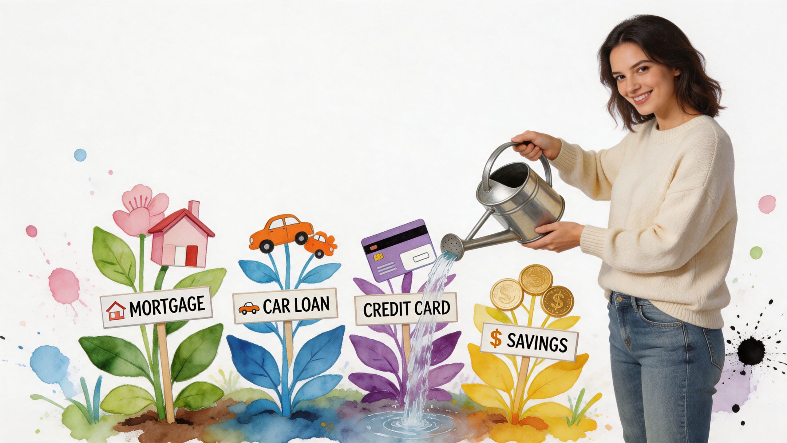 A smiling woman watering a plant labeled savings while other plants represent mortgage, car loan, and debt.