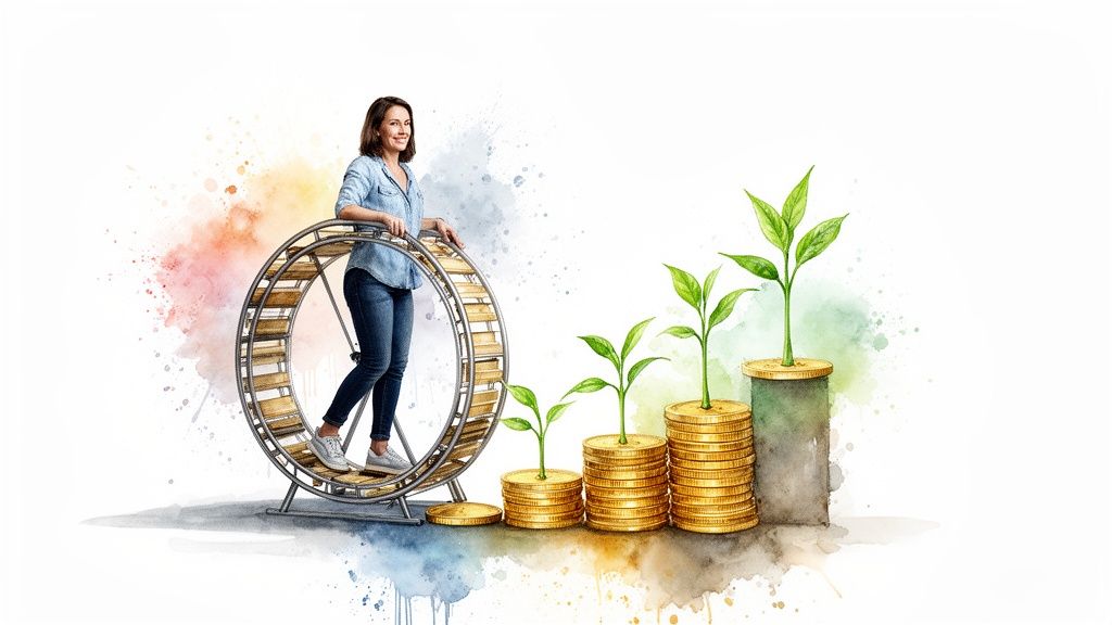 A woman in a hamster wheel next to a progression of growing plants on stacks of gold coins, symbolizing financial growth.