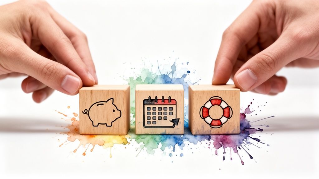 Hands placing wooden blocks with piggy bank, calendar, and lifebuoy icons over colorful splatters.
