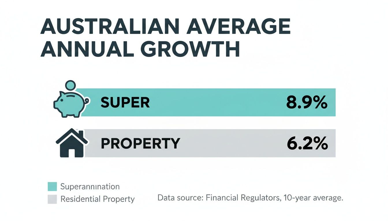 Australian average annual growth comparison shows superannuation at 8.9% and property at 6.2% over 10 years.