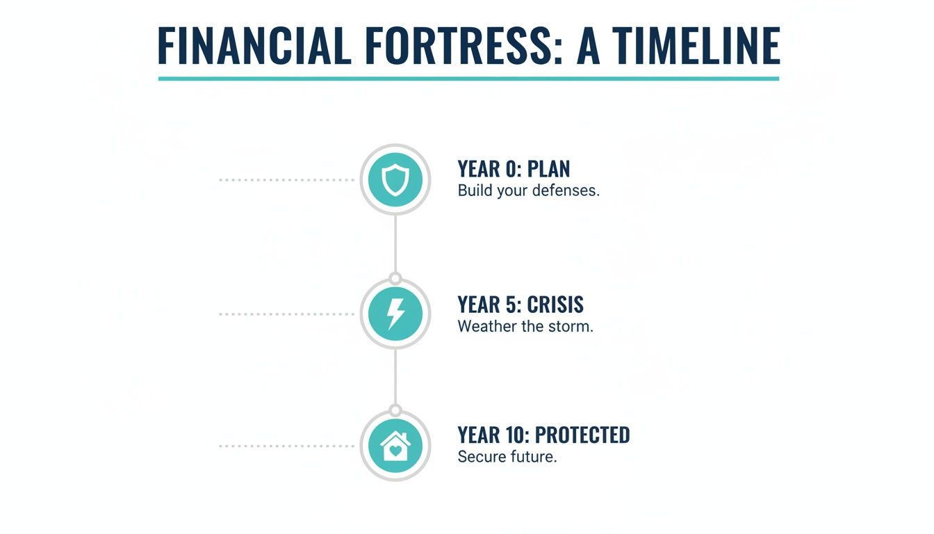 A financial fortress timeline illustrating three stages: planning, weathering crises, and achieving a secure future over 10 years.