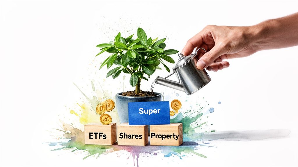 A hand waters a 'Super' plant with 'ETFs', 'Shares', and 'Property' blocks, symbolizing investment growth.