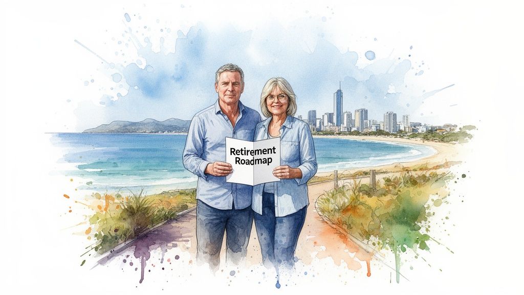 A watercolor illustration of a happy senior couple holding a 'Retirement Roadmap' on a scenic beach.