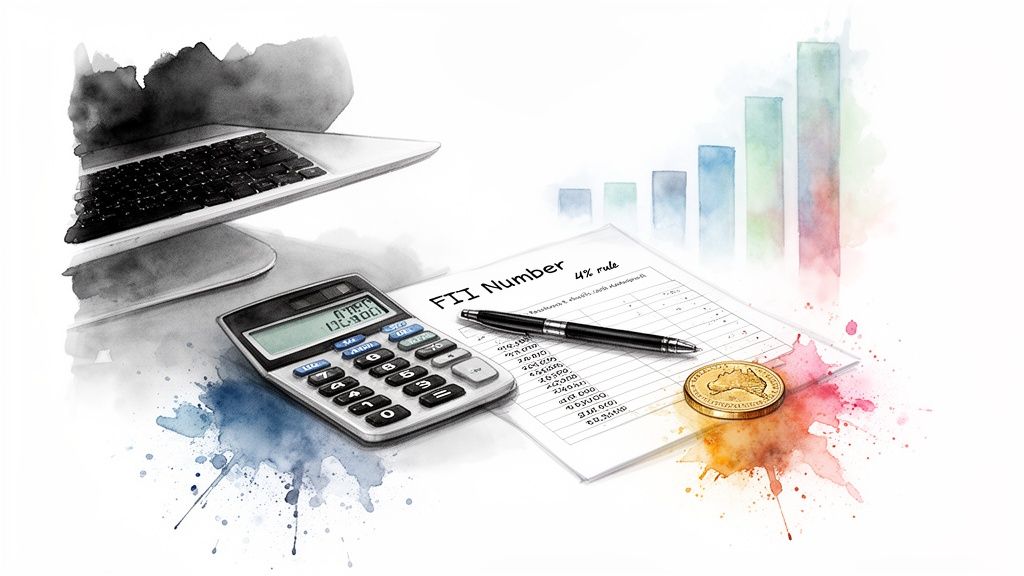Watercolor illustration of financial tools: laptop, calculator, document, pen, coin, and bar charts.