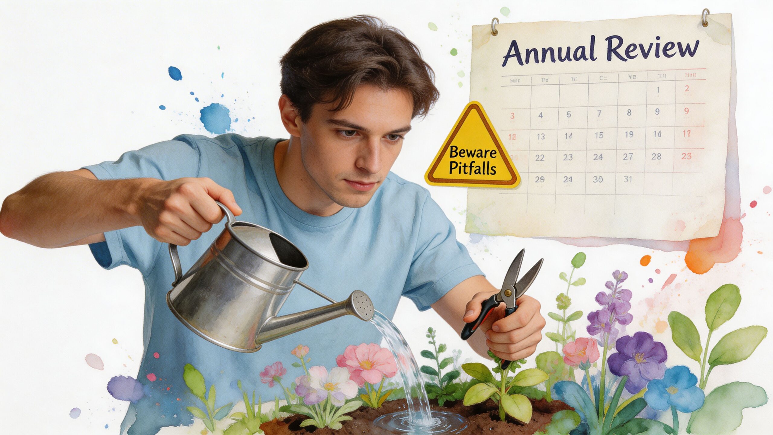 A young man watering a garden while observing a calendar titled Annual Review with a warning sign.
